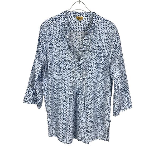Roller Rabbit 100% Cotton Flower Printed Tunic Top Blue White Women's Sz Large - Picture 1 of 15